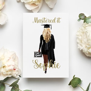 May include: Graduation card with a black and gold illustration of a woman in a cap and gown holding a chalkboard that says "I am Done!" The card says "Mastered it" and "Sophie" in gold glitter lettering.