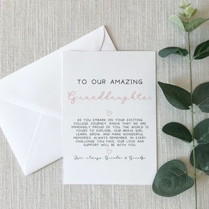 Pu&ograve; includere: Un biglietto bianco con testo rosa che dice "To our amazing Granddaughter". Il biglietto contiene un messaggio per una nipote che va al college. Il messaggio dice: "Mentre ti imbarchi nel tuo emozionante viaggio universitario, sappi che siamo immensamente orgogliosi di te. Il mondo &egrave; tuo da esplorare, nostra coraggiosa ragazza. Impara, cresci e crea ricordi meravigliosi. Ricorda sempre che, in ogni sfida che affronterai, il nostro amore e il nostro sostegno saranno con te. Con affetto, Nonna e Nonno."
