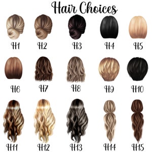 May include: A chart with 15 different hairstyles for women. The hairstyles are labeled H1 through H15. The hairstyles include buns, ponytails, and wavy hair.