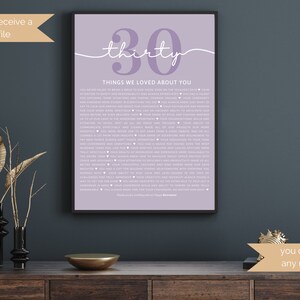 May include: A printable digital download of a light purple poster with the number "thirty" in white script. The poster features a list of 30 things we loved about you, with a heart symbol after each item.