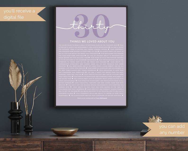 May include: A printable digital download of a light purple poster with the number "thirty" in white script. The poster features a list of 30 things we loved about you, with a heart symbol after each item.