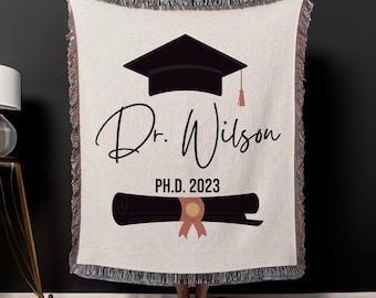 Personalized Phd Woven Blanket, Phd Graduation Throw Blanket Gift, Doctorate Degree Organic Tapestry, Doctor Graduate Picnic Blanket
