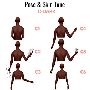 May include: Six illustrations of a person with different poses, all with dark skin tones. The poses include standing with arms at sides, holding a tablet, holding a coffee cup, and holding a stethoscope. The illustrations are labeled C1 through C6.