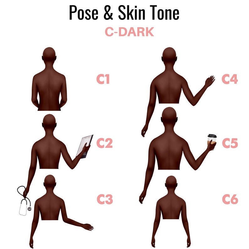 May include: Six illustrations of a person with different poses, all with dark skin tones. The poses include standing with arms at sides, holding a tablet, holding a coffee cup, and holding a stethoscope. The illustrations are labeled C1 through C6.