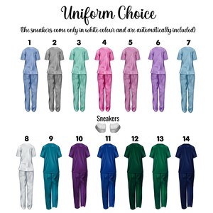 May include: A chart showing 14 different uniform options for medical professionals. The uniforms are shown in various colors, including light blue, gray, green, pink, purple, teal, white, navy blue, purple, and green. The text "Uniform Choice" is at the top of the chart. The text "The sneakers come only in white color and are automatically included" is below the chart.