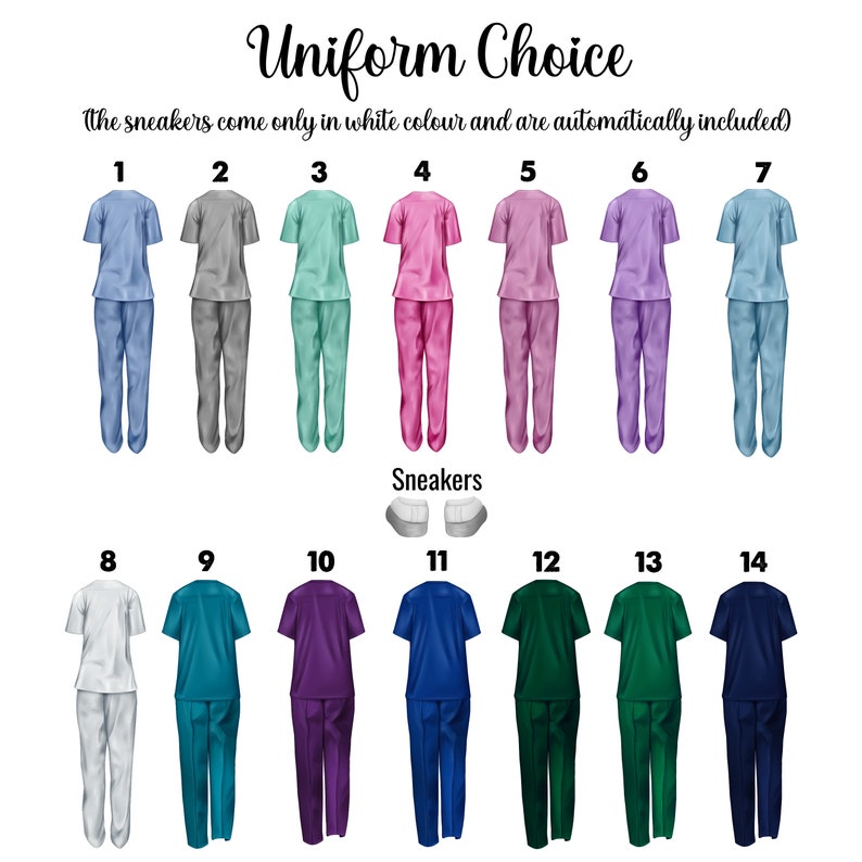May include: A chart showing 14 different uniform options for medical professionals. The uniforms are shown in various colors, including light blue, gray, green, pink, purple, teal, white, navy blue, purple, and green. The text "Uniform Choice" is at the top of the chart. The text "The sneakers come only in white color and are automatically included" is below the chart.