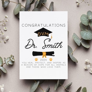 May include: Congratulations card for a new veterinarian, featuring a black graduation cap with the letters DVM, a black scroll, and the text "Dr. Smith" in a cursive font. The card also includes the year 2024 and paw prints.