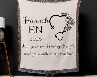 Personalized New Nurse Woven Blanket, Nurse Pinning Ceremony Throw Blanket Gift, Rn Pinning Organic Tapestry, Gift For Nurse Picnic Blanket