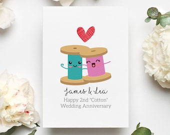 Personalized 2nd Cotton Anniversary Card, Wedding Anniversary Card, Cotton Anniversary Card, Couple Anniversary Gift, Anniversary Card