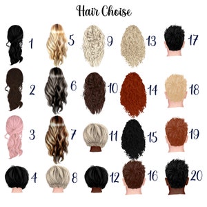 May include: A chart with 20 different hair styles for a customizable illustration. The hair styles are numbered 1 through 20. The hair styles are a mix of long and short hair, curly and straight hair, and different colors.