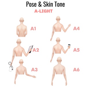 May include: Six illustrations of a person's back in different poses, labeled A1 through A6. The illustrations are used to show different skin tones, labeled A-Light.