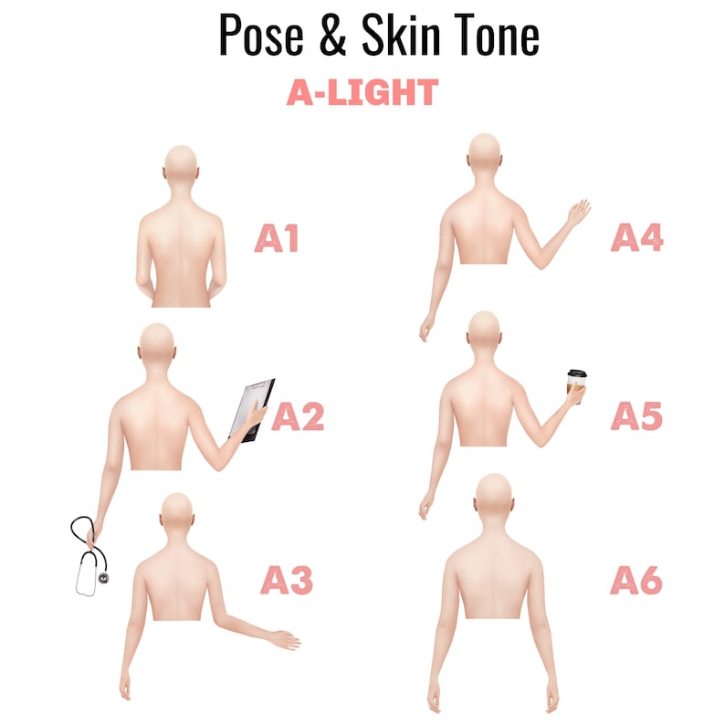 May include: Six illustrations of a person's back in different poses, labeled A1 through A6. The illustrations are used to show different skin tones, labeled A-Light.
