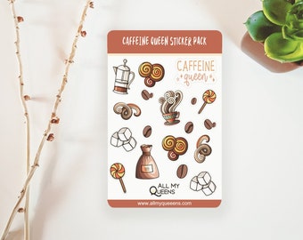 Caffeine Queen, 18 pc Coffee Sticker Sheet, Journal Doodles, Deco Sticker, Pretty Stickers, Bullet Journal, Coffee Shop, Journal Decor, Mini