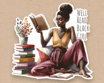 Well Read Black Girl Sticker, Black Woman Who Loves to Read, Black Girl Stationery, African American Book Lover, Bookworm, Kindle Sticker