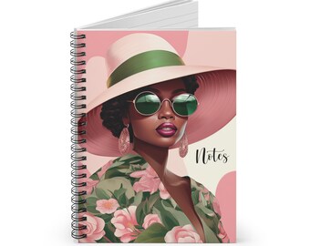 Chic Black Woman in Pink and Green, Sisterhood, Spiral Notebook, Garden Party, Floppy Hat, African American Woman, Black Sorority, 5x7 50pgs