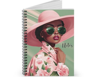 Chic Black Woman in Pink and Green, Sisterhood, Spiral Notebook, Garden Party, Floppy Hat, African American Woman, Black Sorority, 5x7 50pgs