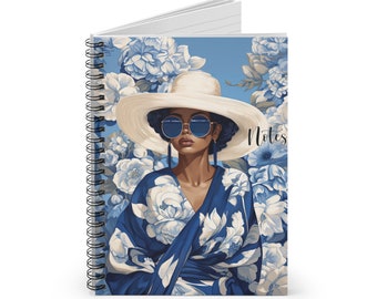 Chic Black Woman in Blue and White, Sisterhood, Spiral Notebook, Garden Party, Floppy Hat, African American Woman, Black Sorority, 5x7 50pgs