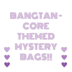Puede incluir: Texto morado sobre fondo blanco que dice "BANGTAN-CORE THEMED MYSTERY BAGS!" con corazones morados a cada lado del texto.