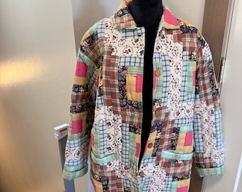 Vintage Patch Magic Quilt Chore Coat Jacket Cottagecore Scrappy Colorful Art Sm