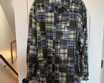 Brooks Brothers Vintage Y2K Patchwork Cotton Shirt Long Sleeve Green Blue Plaid