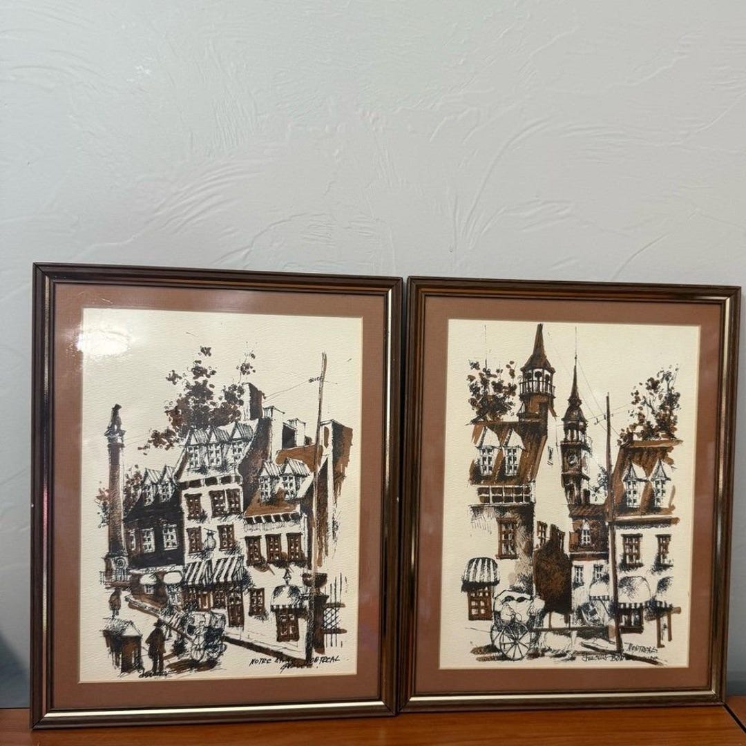 Set of 2 Vintage Framed Lithograph Pen & Ink Drawings Architecture ...