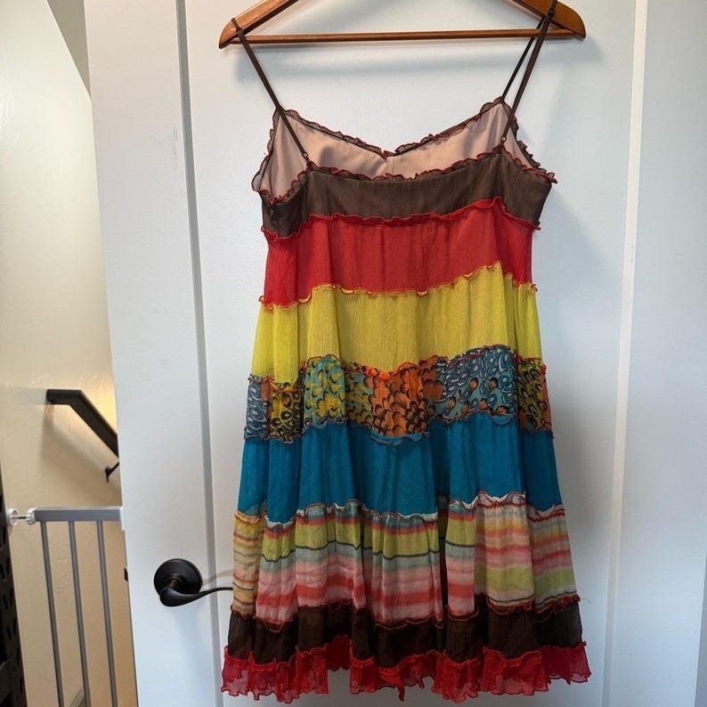 BCBG Max Azria Y2K Vintage Colorful Tiered Babydoll Mini Dress Strappy Ruffle 8 image 5