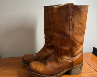 Vintage Dingo Boots Leather Western 1970's Pull on Tan Brown Mens 10.5D USA Made