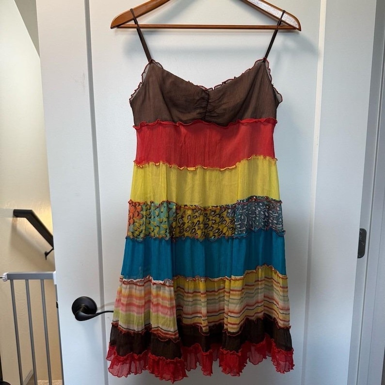 BCBG Max Azria Y2K Vintage Colorful Tiered Babydoll Mini Dress Strappy Ruffle 8 image 1