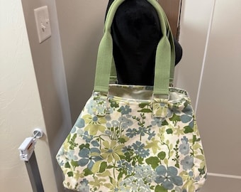 Vintage Eddie Bauer Large Canvas Tote Bag Green Blue Floral Pastel Adjustable