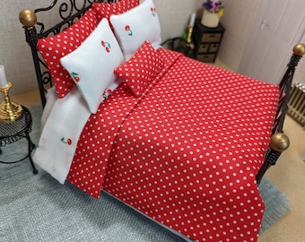 Dolls house modern red polka dot and cherry double bedding