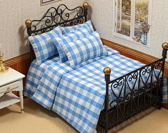 Dolls House blue and white check double bedding set