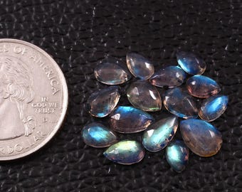 Labradorite Pear Cabochons: Faceted Rose Cut Gemstones, 6-9mm (15 PCS