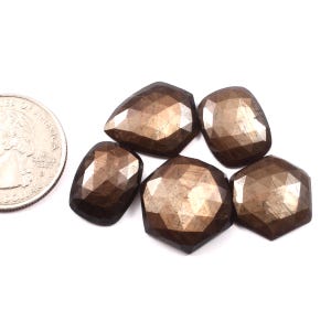 Op de afbeelding: Vijf bruine, gefacetteerde edelstenen van verschillende vormen worden getoond op een wit oppervlak naast een munt. De edelstenen hebben een metallic glans en zijn geslepen met meerdere platte oppervlakken, die het licht reflecteren. Deze edelstenen zijn waarschijnlijk voor het maken van sieraden.
