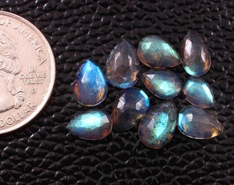 Labradorite Pear Cabochons: Faceted Rose Cut Gemstones, 7-10mm, 10 PCS