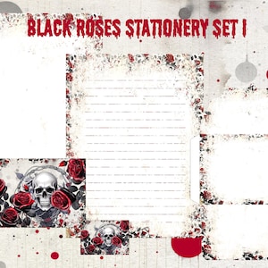 May include: Black Roses Stationery Set I. A stationery set featuring a skull and red roses design. The set includes a lined letter sheet, blank sheet, envelope, and two smaller cards. The text "BLACK ROSES STATIONERY SET I" is at the top.