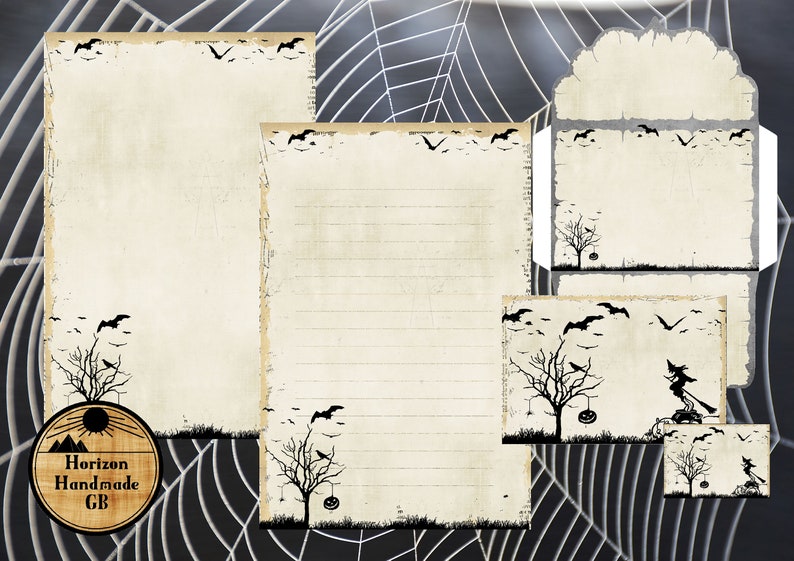 May include: A set of printable Halloween stationery featuring a spooky tree with bats, a witch flying on a broomstick, and a jack-o-lantern. The stationery includes a letterhead, envelope, and a smaller card. The background is a distressed, aged paper texture.