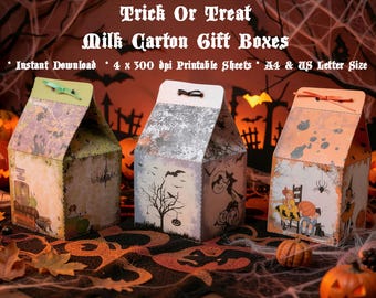 May include: Three paper milk carton gift boxes with Halloween themes. The left box is green with vintage illustrations, the center box is white with a black tree and witch, and the right box is orange with children in costumes. Text reads: Trick Or Treat Milk Carton Gift Boxes. Instant Download 4 x 300 dpi Printable Sheets A4 & US Letter Size.