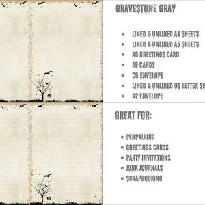 May include: Four sheets of paper with a Halloween theme. The paper has a distressed, aged look with a black silhouette of a tree with bats flying around it. The paper is lined and unlined. The text on the right side of the image reads "Gravestone Gray" and lists the different sizes of paper included. The text also reads "Great For" and lists uses for the paper, such as penpalling, greeting cards, party invitations, junk journals, and scrapbooking.