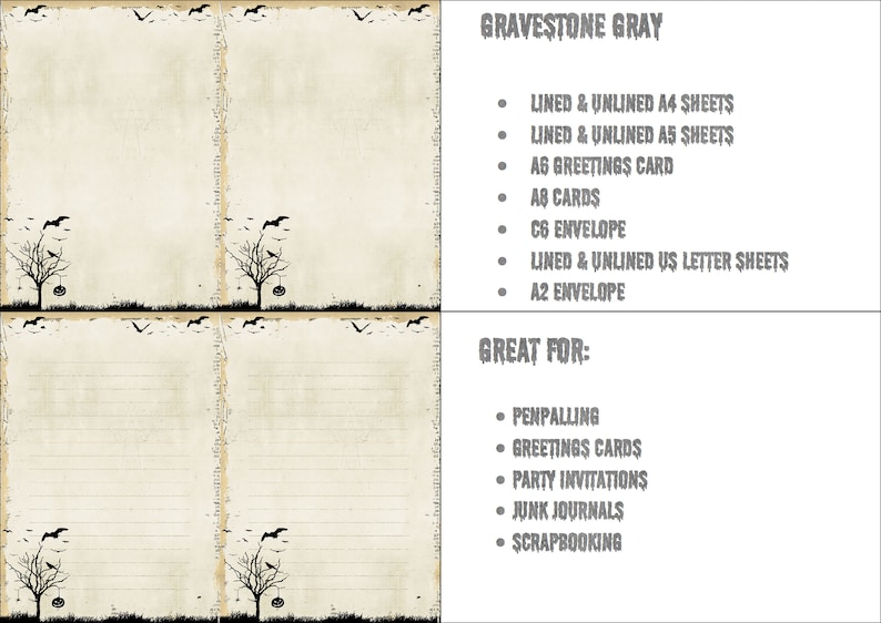 May include: Four sheets of paper with a Halloween theme. The paper has a distressed, aged look with a black silhouette of a tree with bats flying around it. The paper is lined and unlined. The text on the right side of the image reads "Gravestone Gray" and lists the different sizes of paper included. The text also reads "Great For" and lists uses for the paper, such as penpalling, greeting cards, party invitations, junk journals, and scrapbooking.