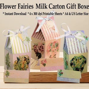 Printable Flower Fairies Milk Carton Gift Boxes, Printable Gift Boxes, DIY Gift Box, DIY Paper Box Kit, Paper box digital download