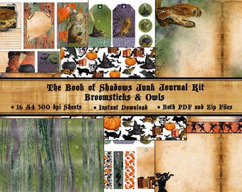 May include: A digital printable junk journal kit with 16 A4 sheets featuring owls, broomsticks, and other Halloween-themed imagery. The kit includes both PDF and Zip files and is an instant download. The text "The Book of Shadows Junk Journal Kit Broomsticks & Owls" is displayed on a brown wooden background.