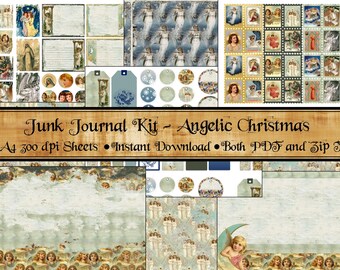Peut inclure: Un kit numérique de journal de rebut sur le thème de Noël angélique. Le kit comprend 18 feuilles A4 à 300 dpi, avec des anges, des étoiles et d'autres images festives. Le kit est disponible en téléchargement instantané aux formats PDF et ZIP.