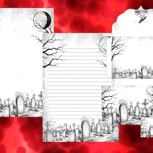 May include: A stationery set with a spooky theme, featuring a graveyard scene with tombstones, a full moon, and bare tree branches. The set includes lined and unlined paper, an envelope, and a small card, all in black and white.