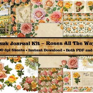 Vintage Roses Junk Journal Kit, Printable Journal Ephemera, Scrapbooking, Collage, Digital Printable, Paper Craft, Download