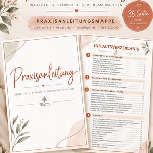 Puede incluir: Una guía práctica digital de 36 páginas titulada Praxisanleitung, que incluye una tabla de contenidos, plantillas de planificación y hojas de reflexión. El documento contiene secciones sobre fundamentos teóricos y anexos con un diseño neutro.