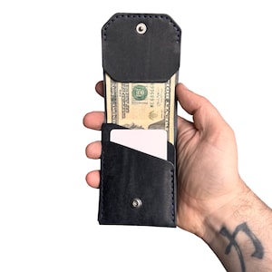 May include: A black leather wallet with a snap closure, holding a twenty-dollar bill and a white card. The wallet has blue stitching and a minimalist design. The wallet is held open, showcasing its contents.