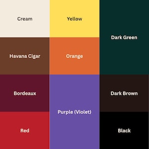 Puede incluir: Una tabla de colores que presenta nueve bloques rectangulares etiquetados con sus nombres respectivos: Cream, Yellow, Dark Green, Havana Cigar, Orange, Bordeaux, Dark Brown, Red, Purple (Violet) y Black, dispuestos en una cuadr&iacute;cula de tres por tres.