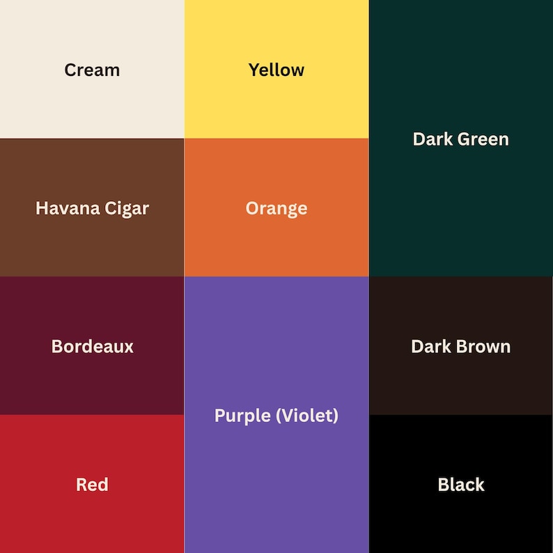 Puede incluir: Una tabla de colores que presenta nueve bloques rectangulares etiquetados con sus nombres respectivos: Cream, Yellow, Dark Green, Havana Cigar, Orange, Bordeaux, Dark Brown, Red, Purple (Violet) y Black, dispuestos en una cuadr&iacute;cula de tres por tres.