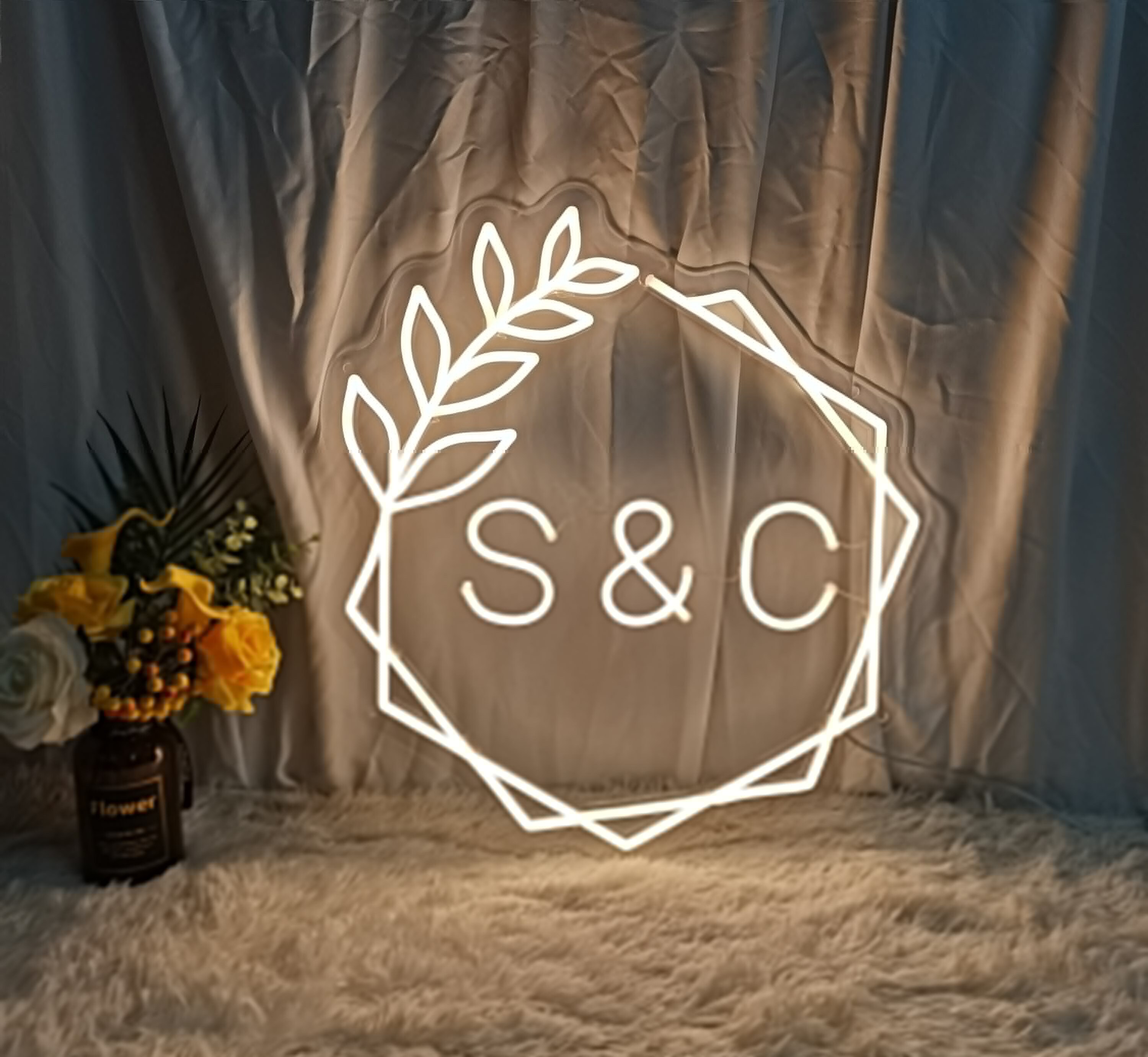 LED Wedding Neon Sign, Custom Initials Leafy Geometric Neon Sign ...