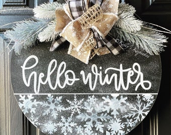Hello Winter 18” hand painted wood Door hanger wreath, perfect for winter decor, front door or wall hanging